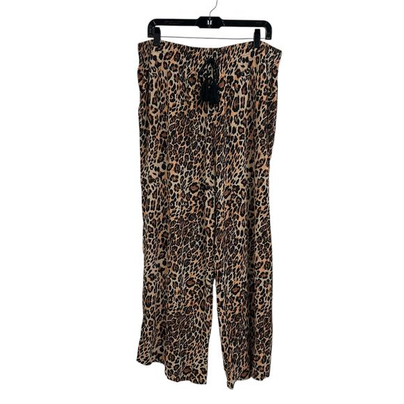Serra Tan Black Animal Print Tassel Drawstring Wide Leg Pants Womens XL - Picture 1 of 5